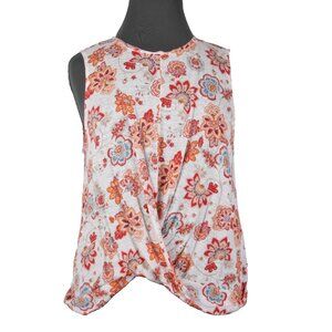 J Jill Top Sz XL White Orange Red Multi Colored Twist Front 100% Linen Top